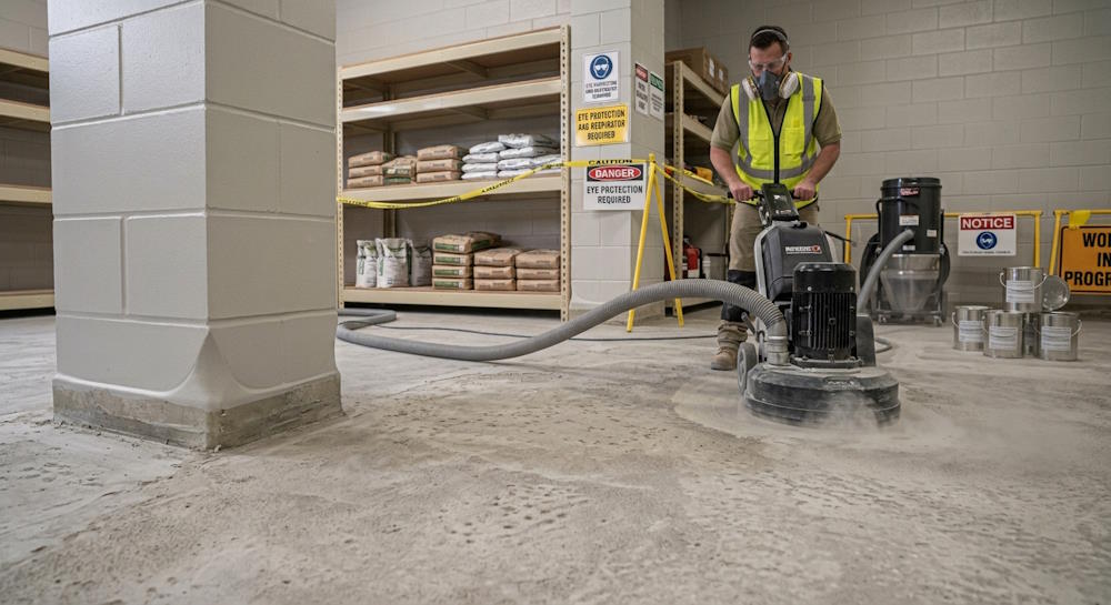 Concrete surface grinder in action
